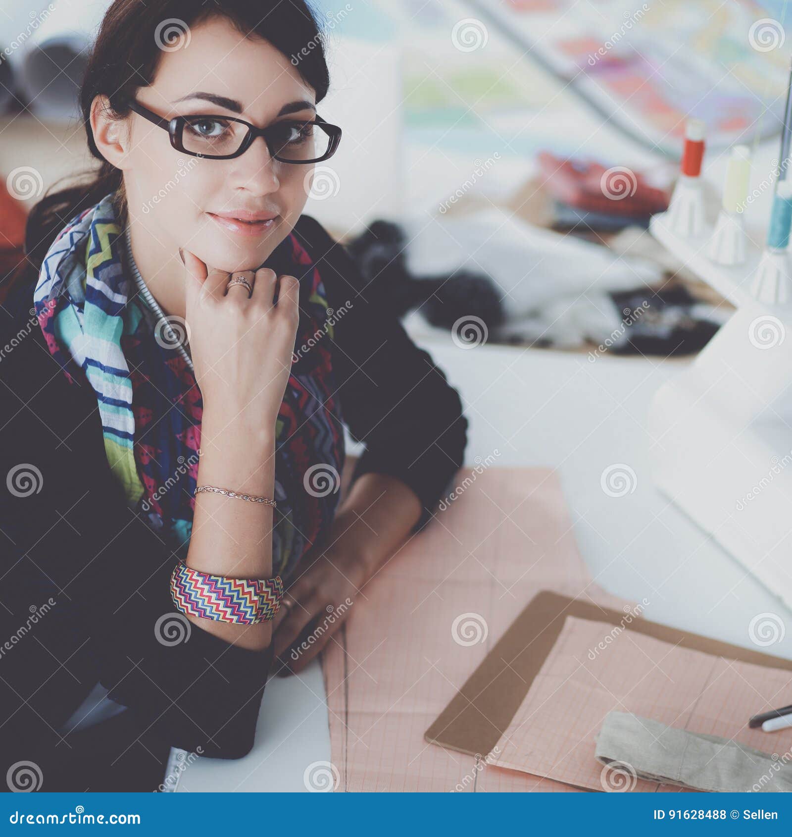 Young Dressmaker Designing Clothes Pattern on Paper Stock Photo Image