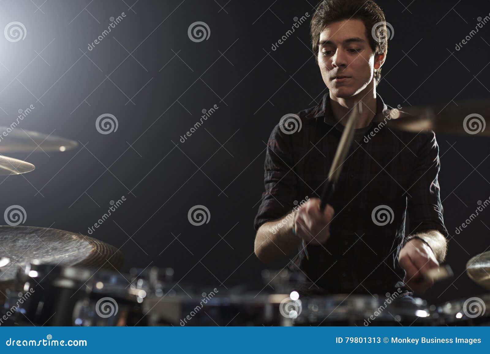 Young Drummer Playing Drum Kit in Studio Stock Image Image of hands, musician 79801313