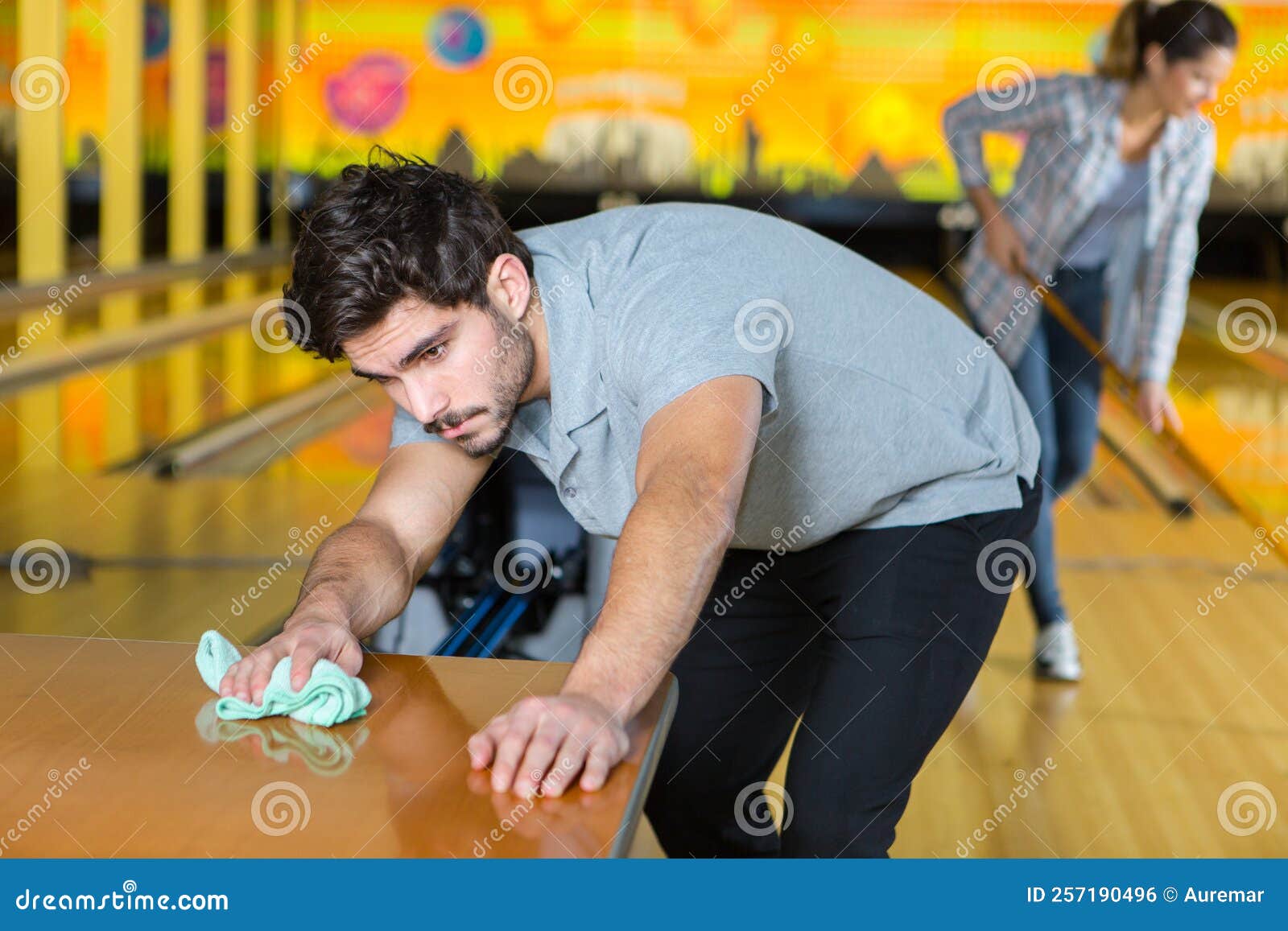 Young Employee Cleaning Bowling Alleys Stock Photo Image of heavy
