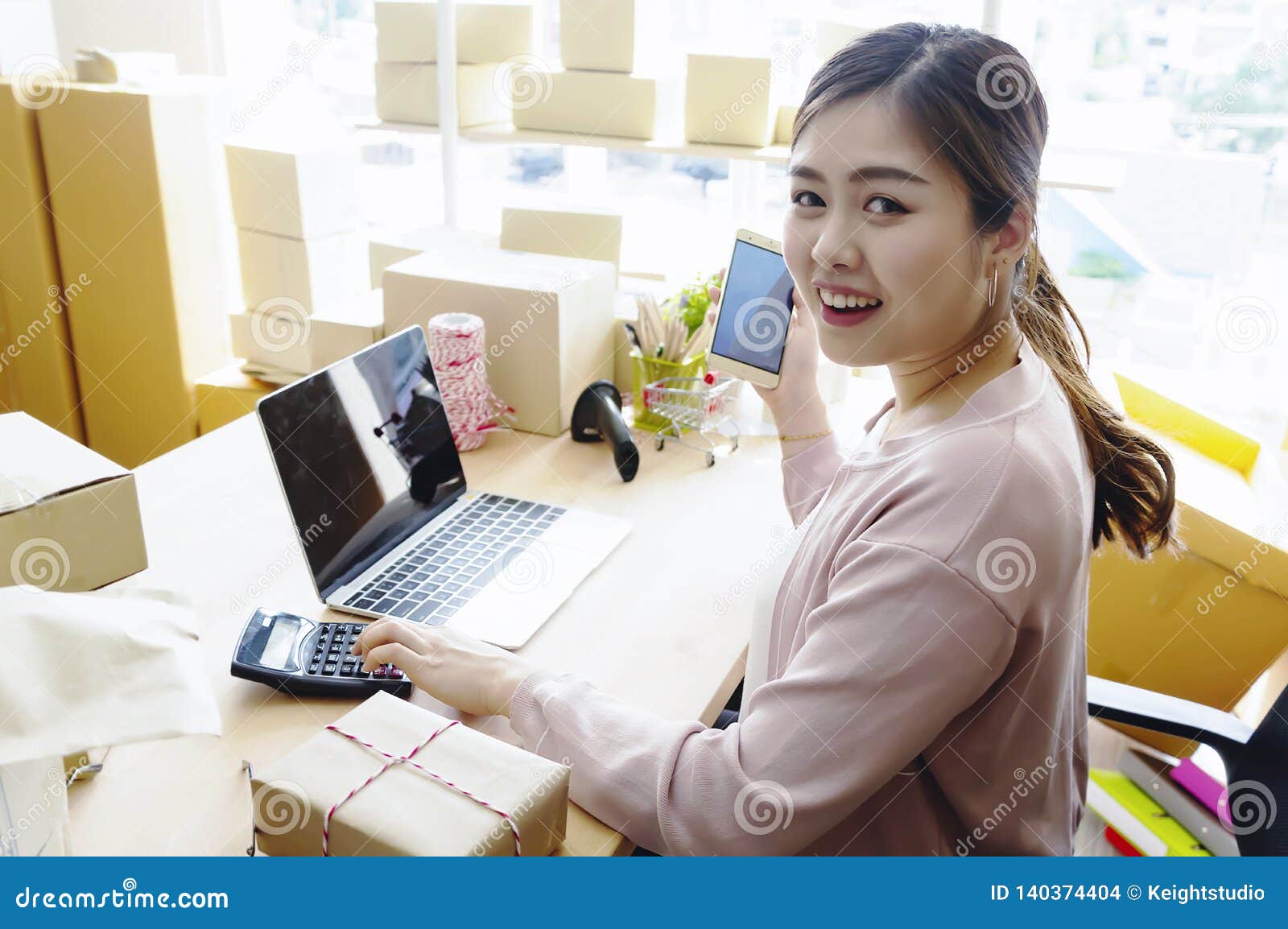 Young Entrepreneur Woman Working at Home about Online Business Stock