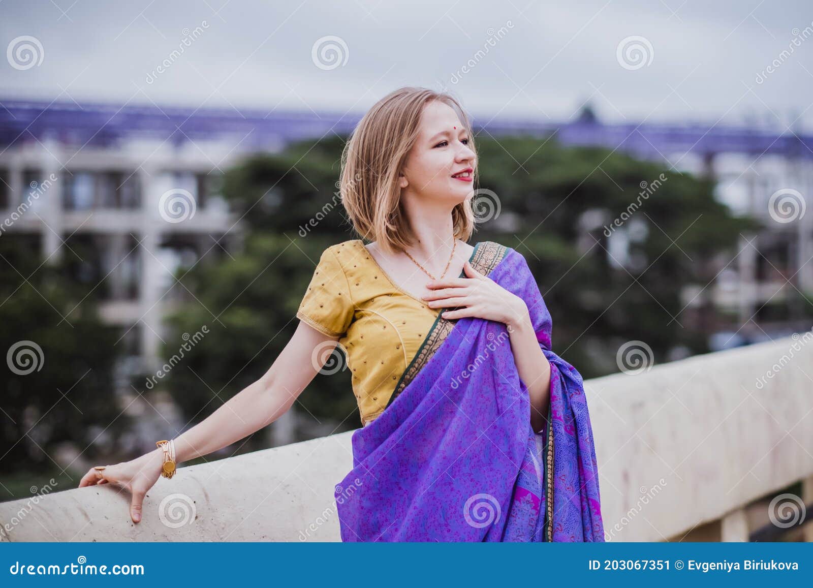 Young European Woman with Short Hair in Purple Traditional Saree. Outdoor  Portrait. India, Bangalore Stock Image - Image of blonde, isolated:  203067351