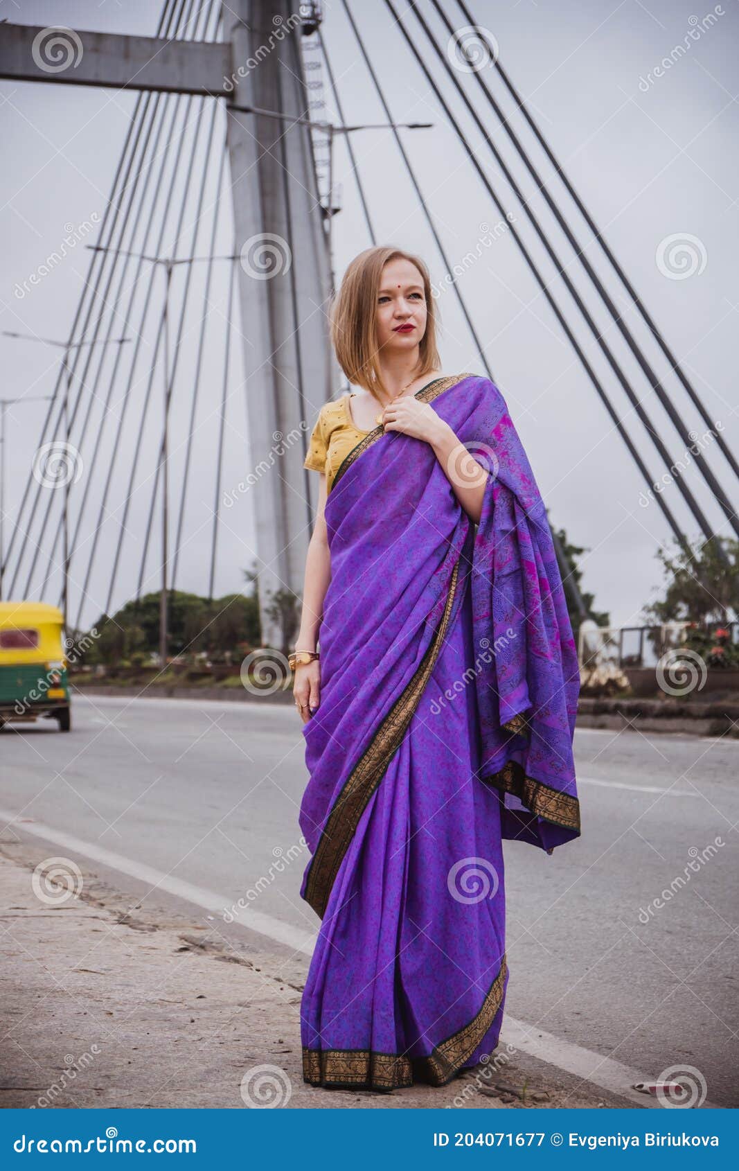 Young European Woman with Short Hair in Purple Traditional Saree. Outdoor  Portrait. India, Bangalore Stock Image - Image of elegance, indian:  204071677