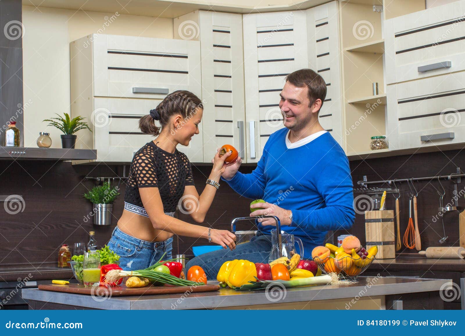 Young Couple Having Fun In Kitchen Stock Image Image Of Jo