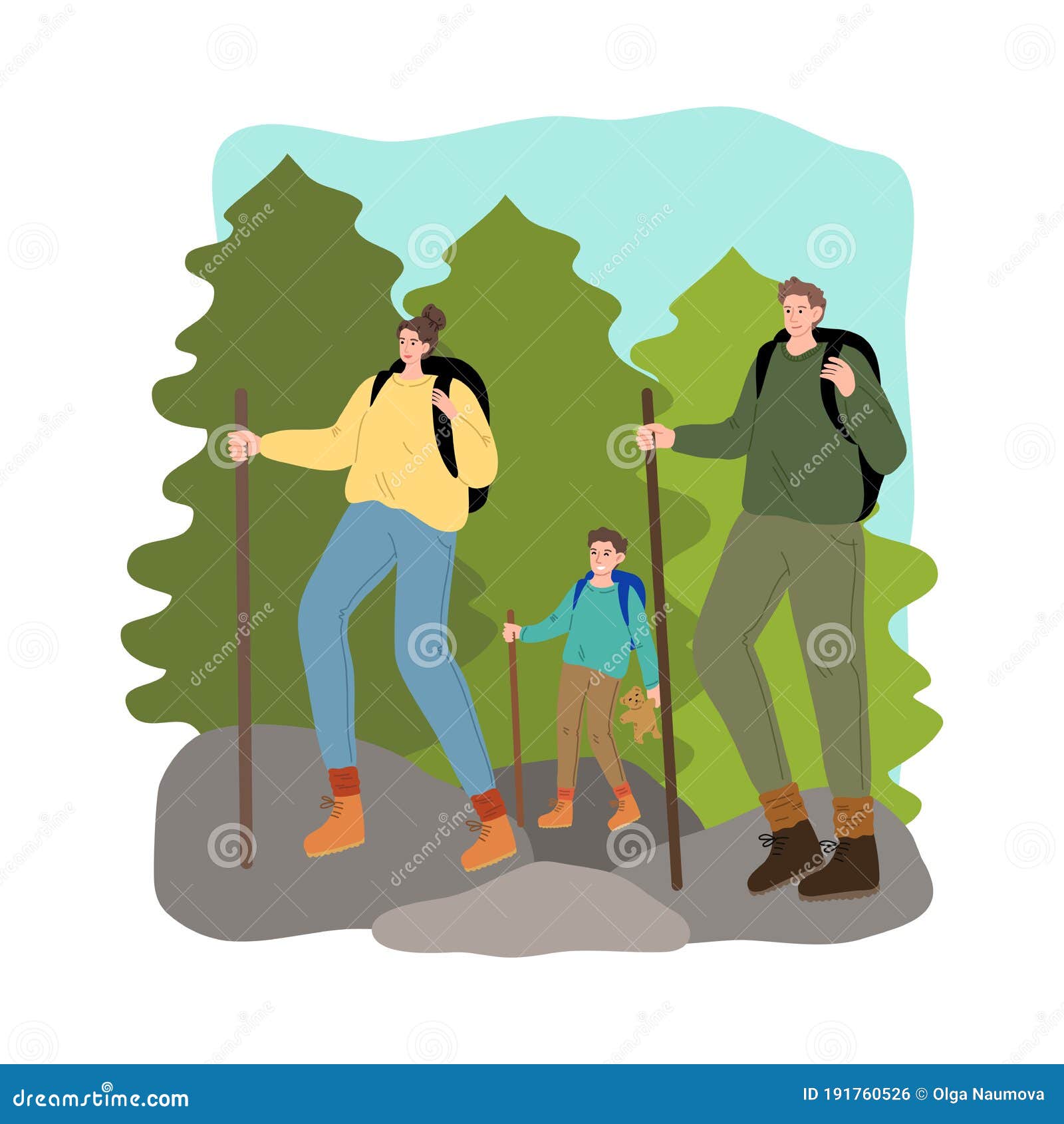 Young Family with Son Hiking All Together and Traveling on Wild Nature ...
