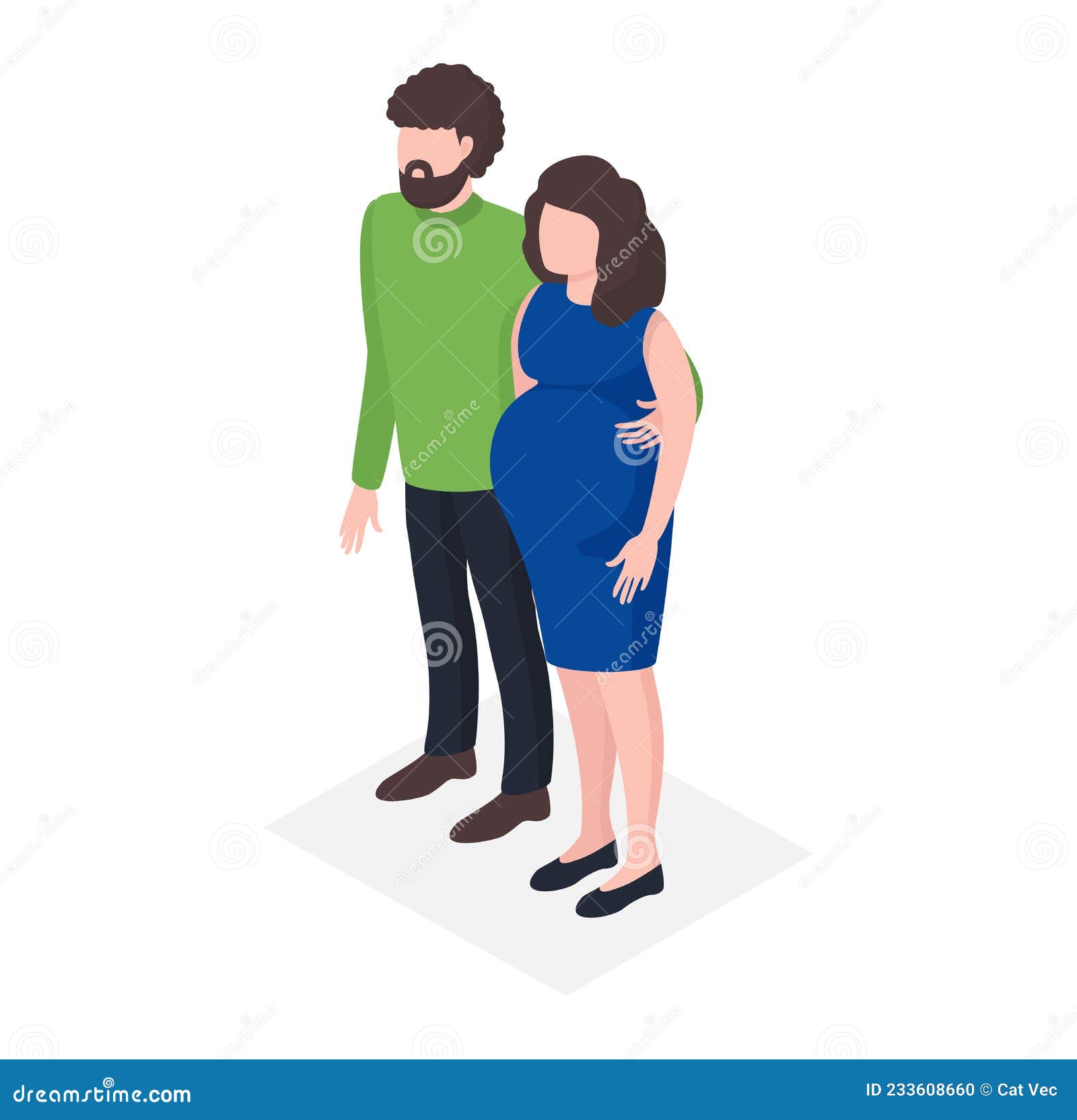 young family waiting birth child, standing pregnant female and father character, paediatrics isometric 3d 