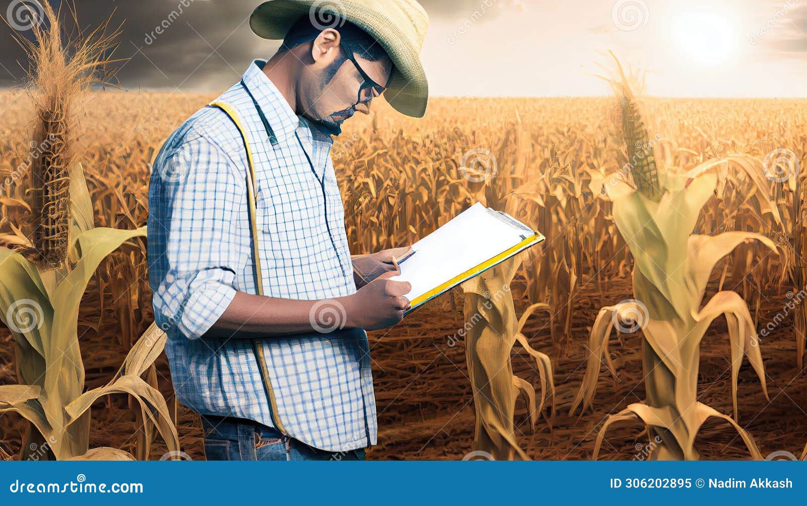 Young Farmer Writing Document Corn Development Plan Checking Field