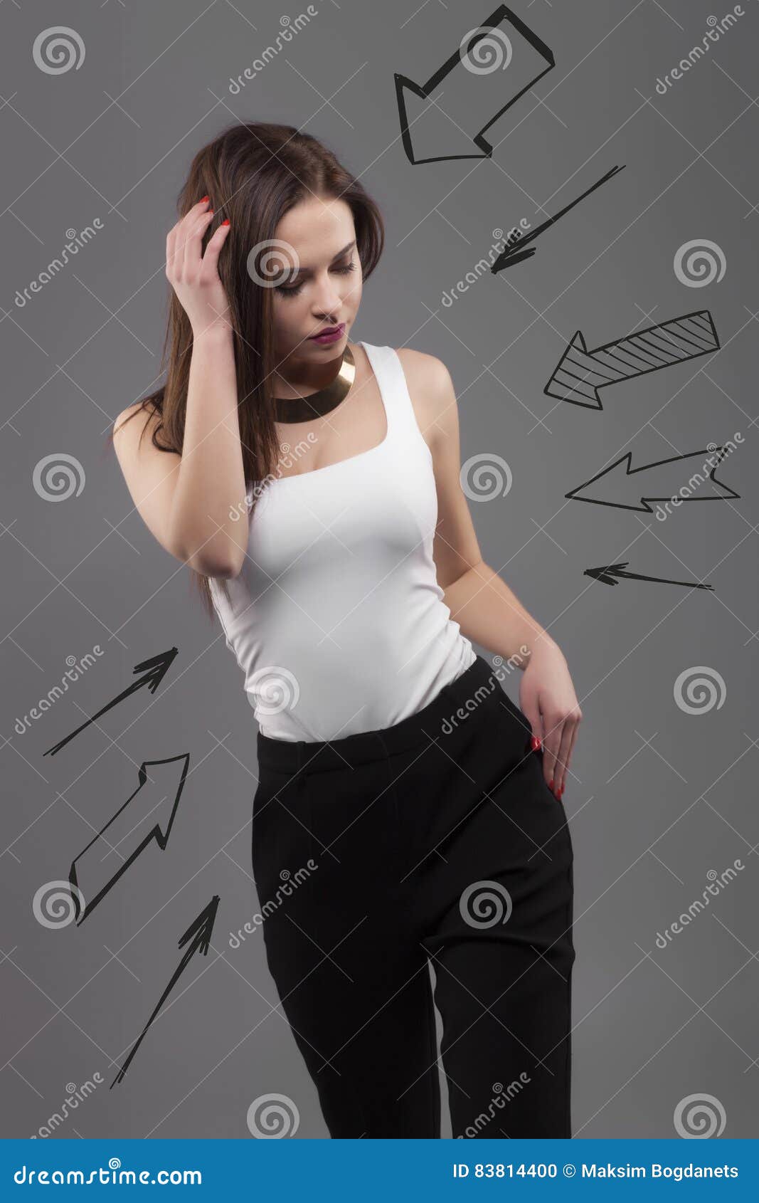 young fashion brunette woman. thinking seriousely, issue concept