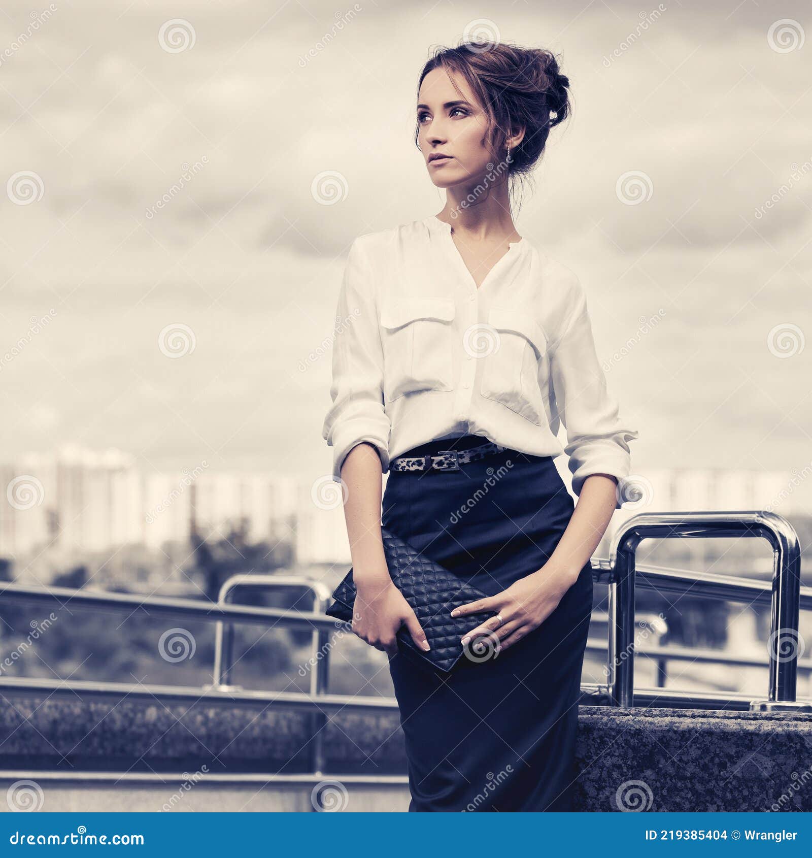 Young Fashion Business Woman in White Shirt and Black Pencil Skirt ...