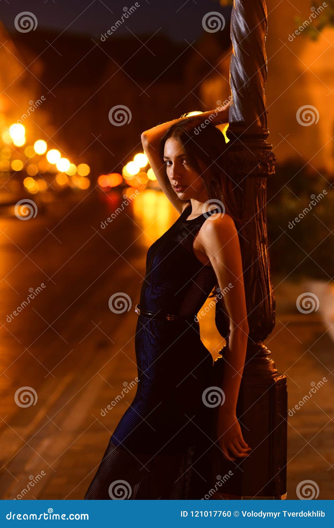 Young Fashion Model at Night City Illuminated Street Stock Photo ...