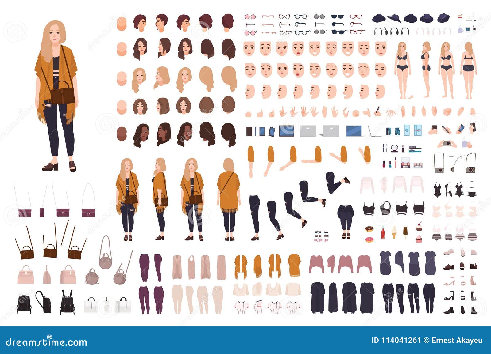 young fat curvy woman or plus size girl constructor or diy kit. set of body parts, facial expressions, clothing