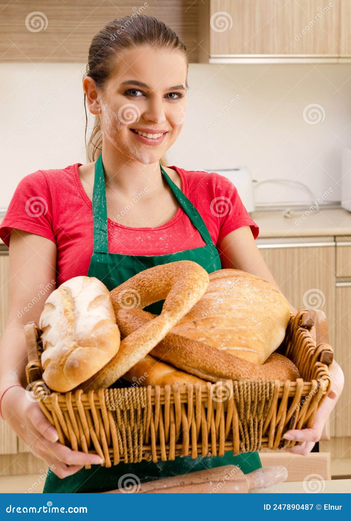 Young Female Baker Working in Kitchen Stock Image Image of basket