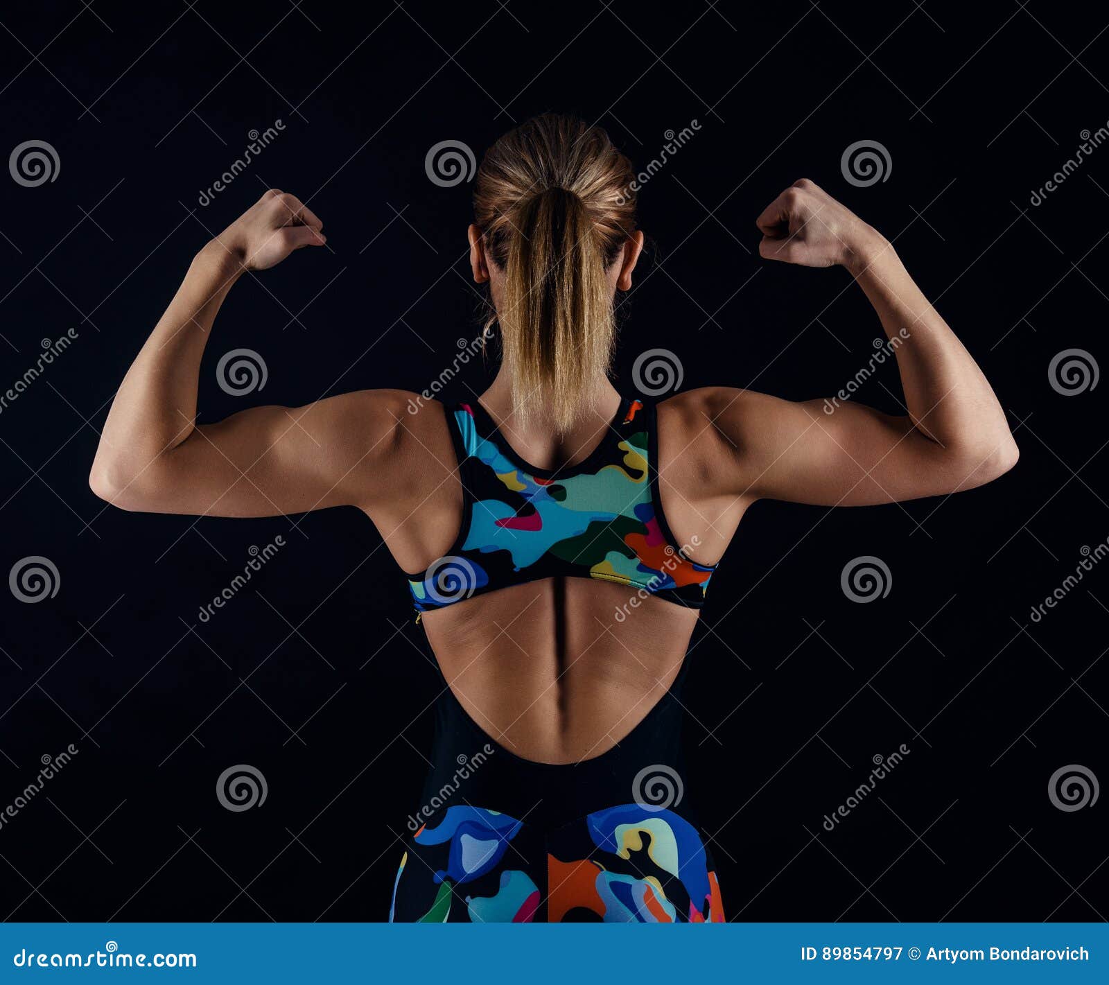 Young Female Bodybuilder with Perfect Strong Muscular Body Wearing  Sportswear Tracksuit Posing on Black Background. Rear View. Stock Image -  Image of relief, goal: 89854797