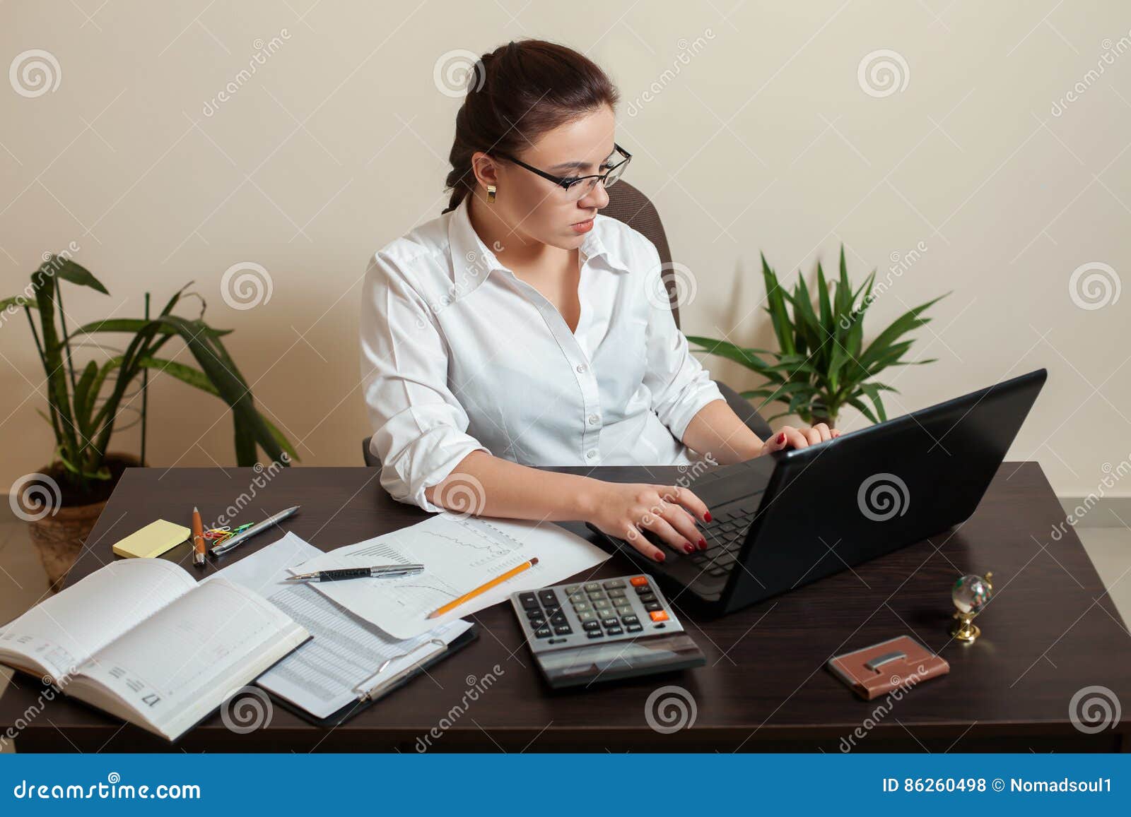 Female Bookkeeper in Glasses Using Laptop Stock Photo Image of female