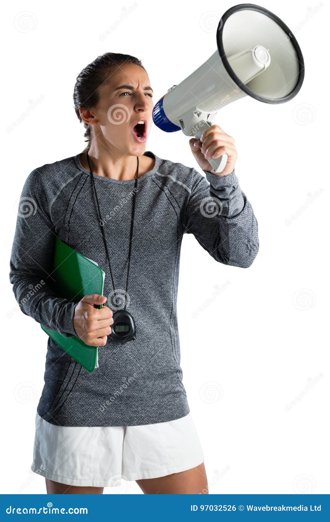Young Female Coach Announcing on Megaphone Stock Photo Image of gray