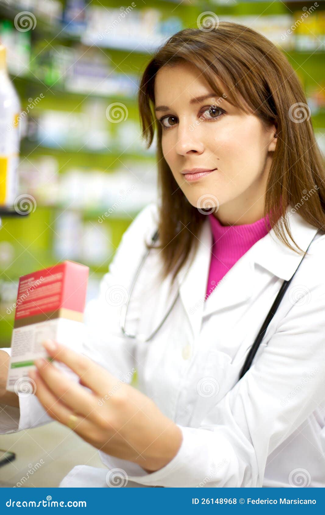 Young Female Doctor in Pharmacy Smiling Stock Photo Image of indoors, pharmaceutical 26148968