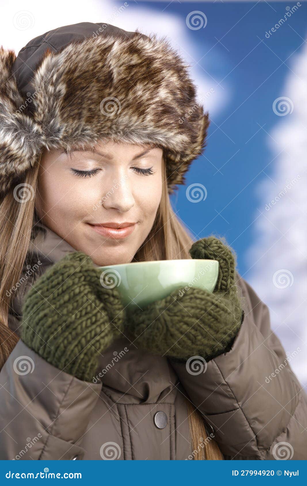 Young Female Dressed Warm Enjoying Hot Tea Stock Photo - Image of cold ...