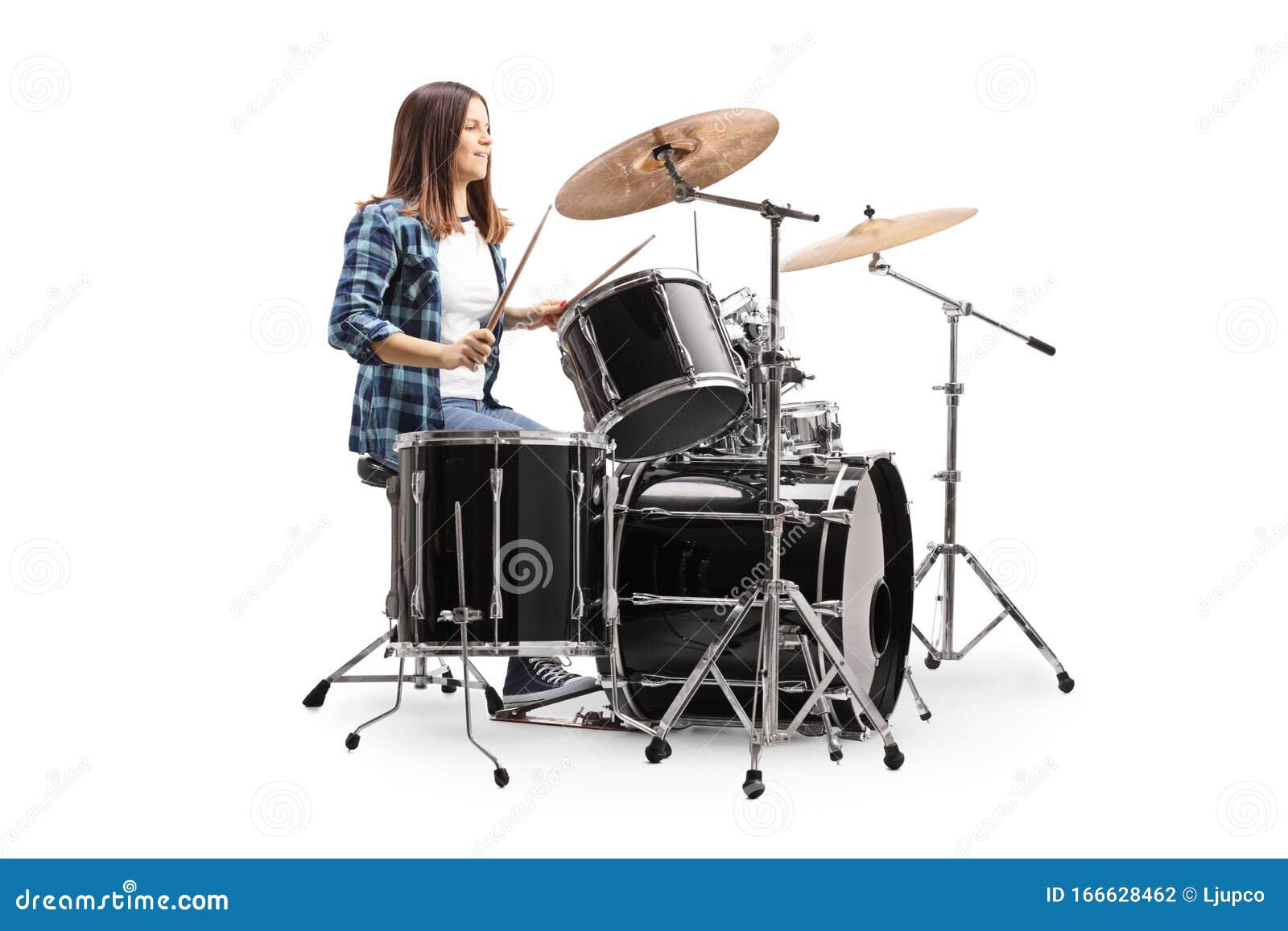 Young Female Drummer Playing a Drum Set Stock Photo Image of isolated