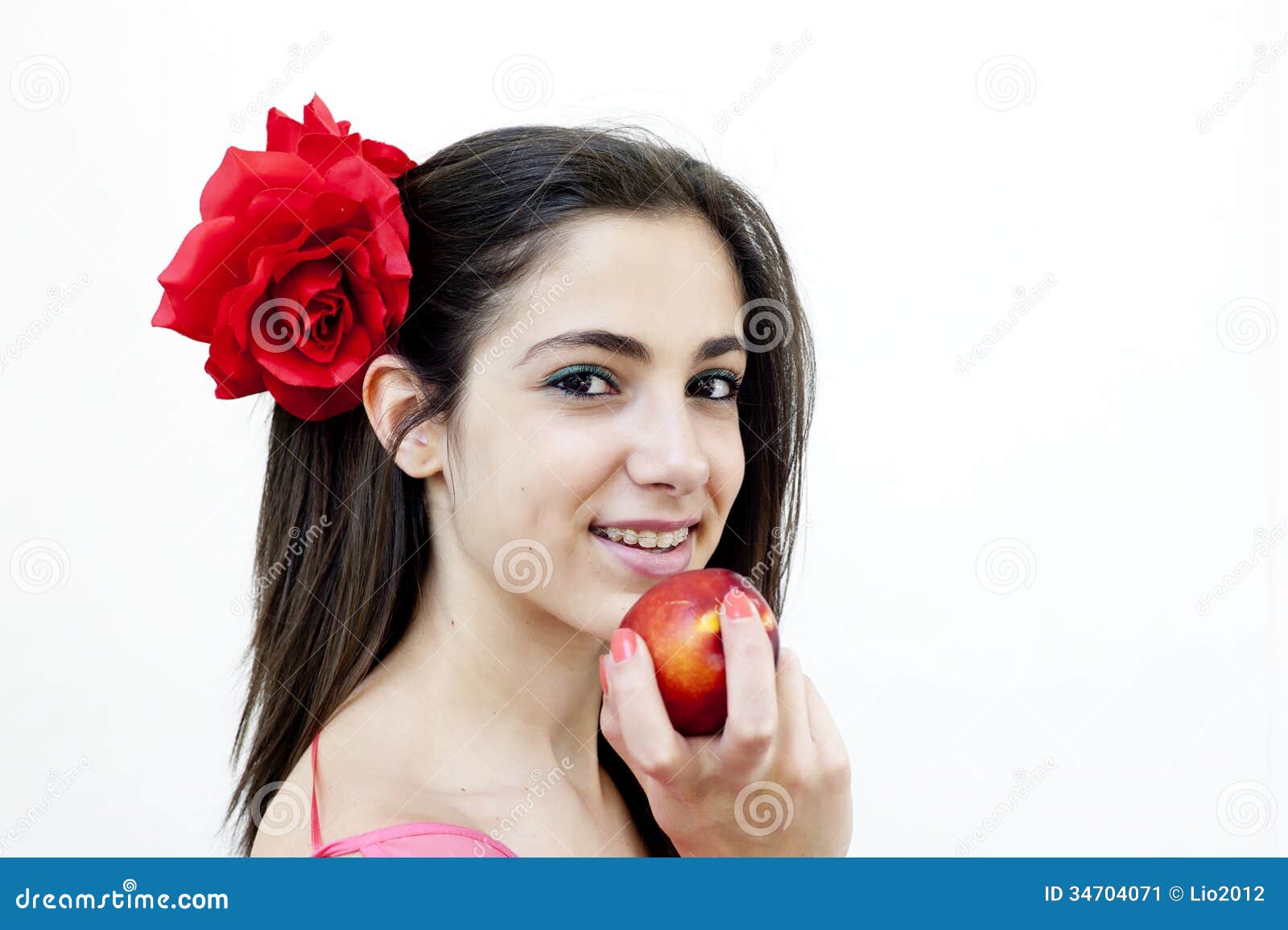 Young Female Eats Nectarine Stock Image Image of hair, female 34704071