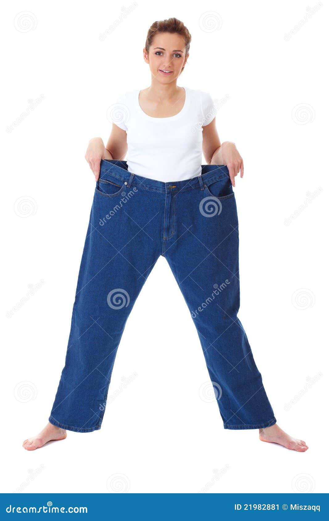 Young Female Holds Her Old Huge Jeans, Diet Stock Image - Image of ...
