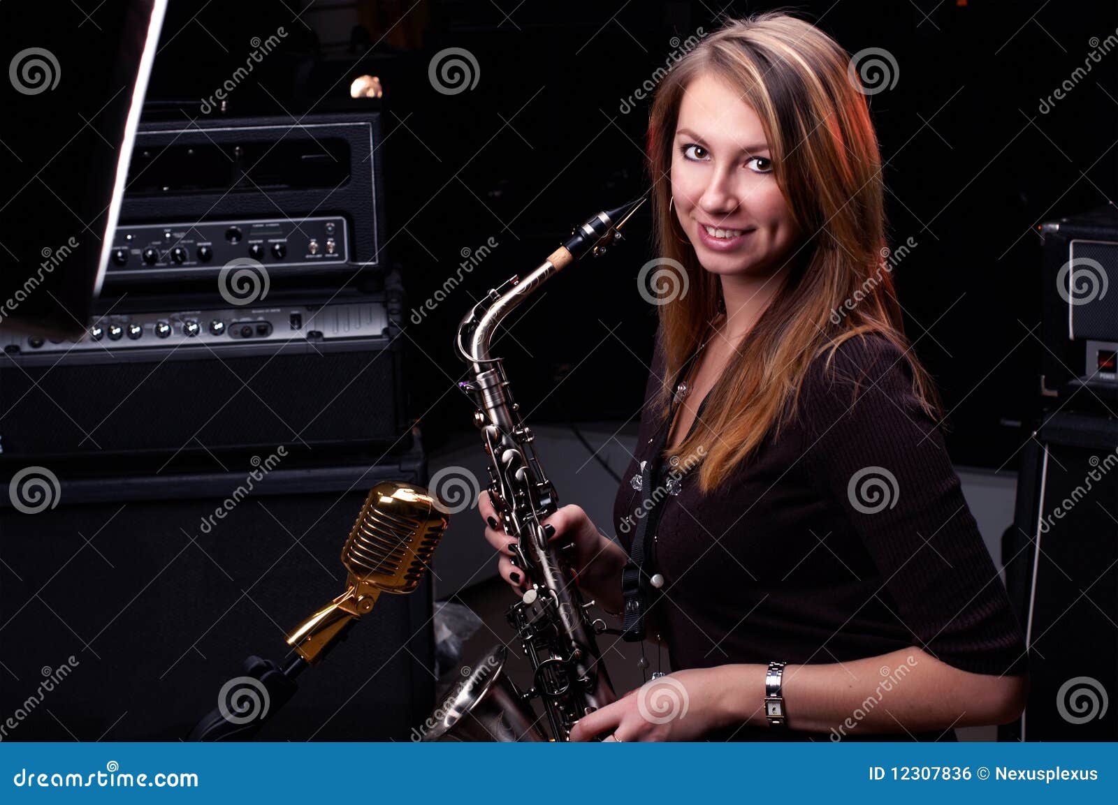 Young Female Play in Study on Saxophone Stock Photo Image of music