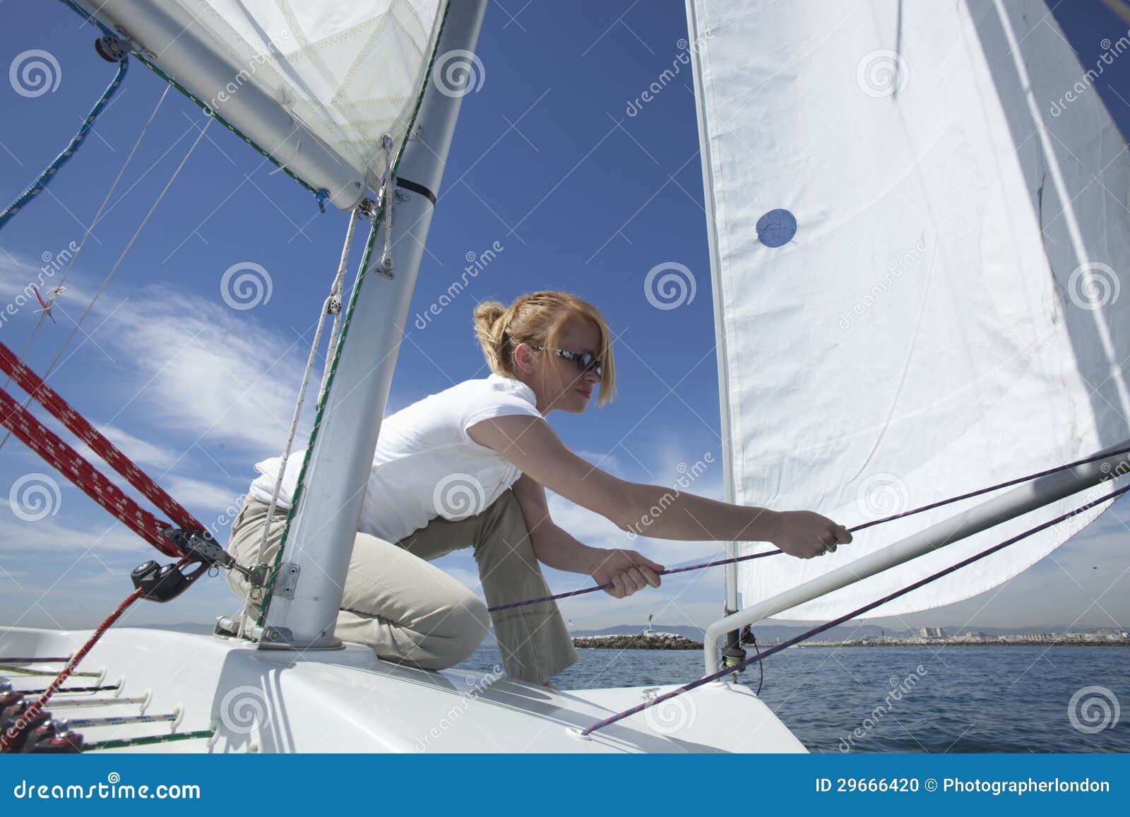 Young Man Sailing. Teenager Boy On Sea Sail Boat. Stock Photography