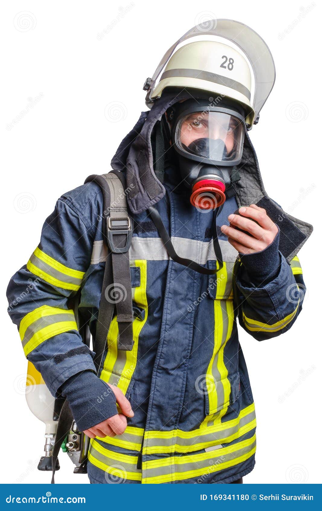Young Firefighter in Uniform Using Protective Breathing Mask on His