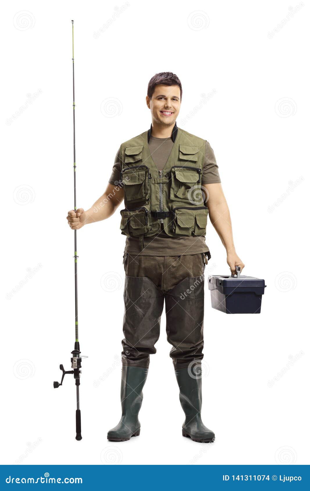 Young Fisherman Posing with a Fishing Rod and a Case Stock Photo