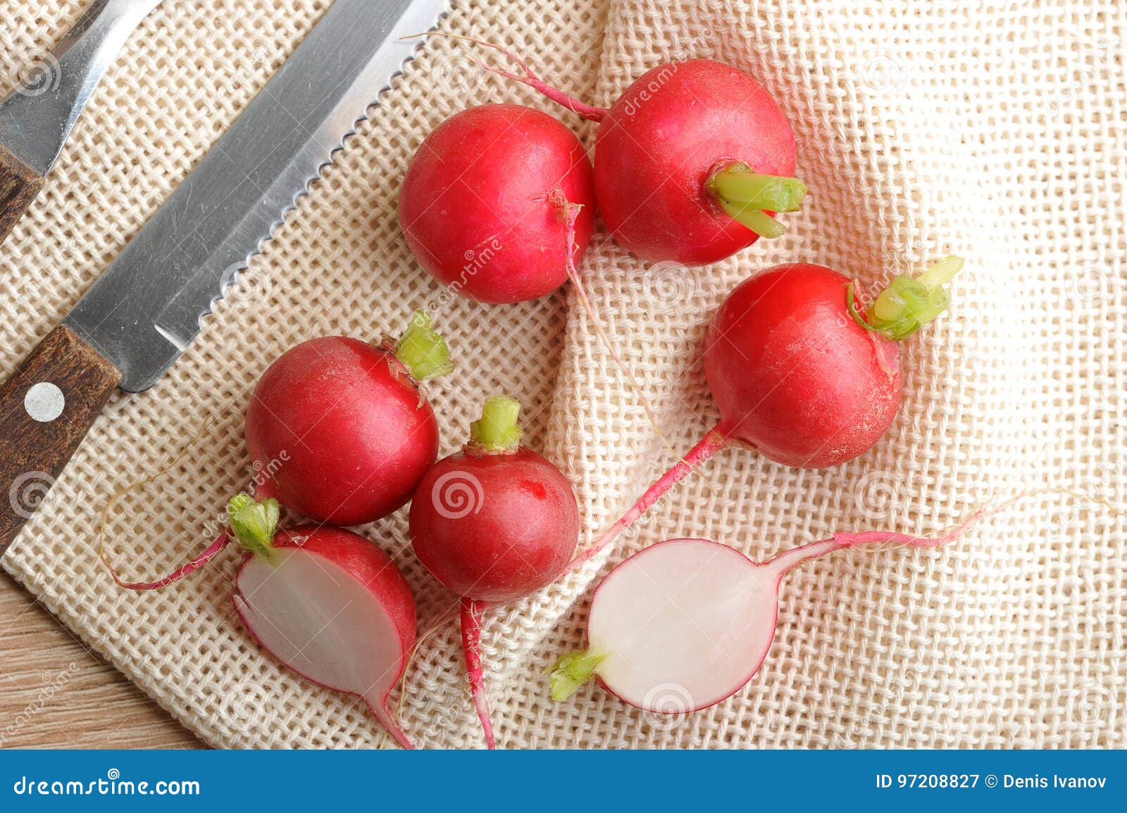 Young Fresh Red Radishes Whole, and Cut in Half and Rustic Canvas