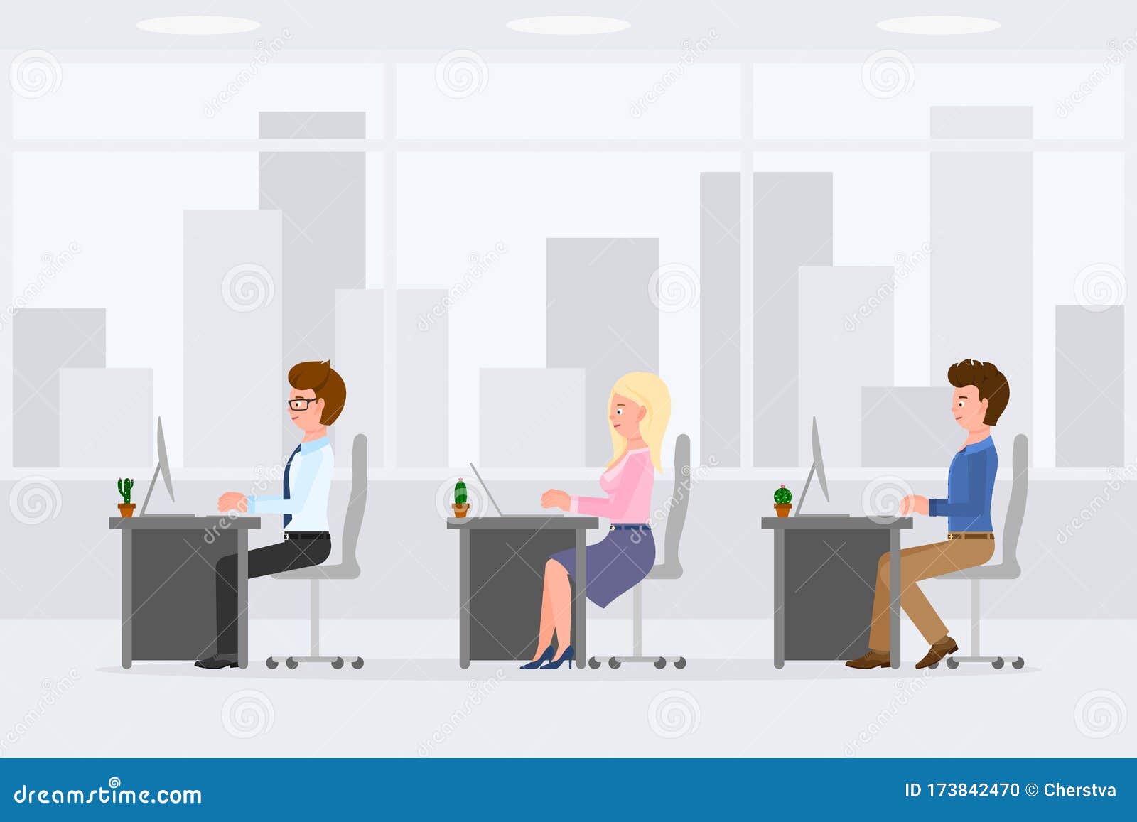 Funny Business Workers Sitting at Desk, Typing on Computer, Laptop Vector.  Man, Woman Colleagues Office Interior Cartoon Character Stock Vector -  Illustration of blonde, girl: 173842470