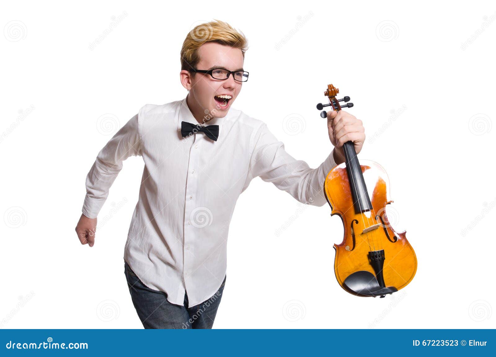 The Young Funny Violin Player Isolated on White Stock Image Image of
