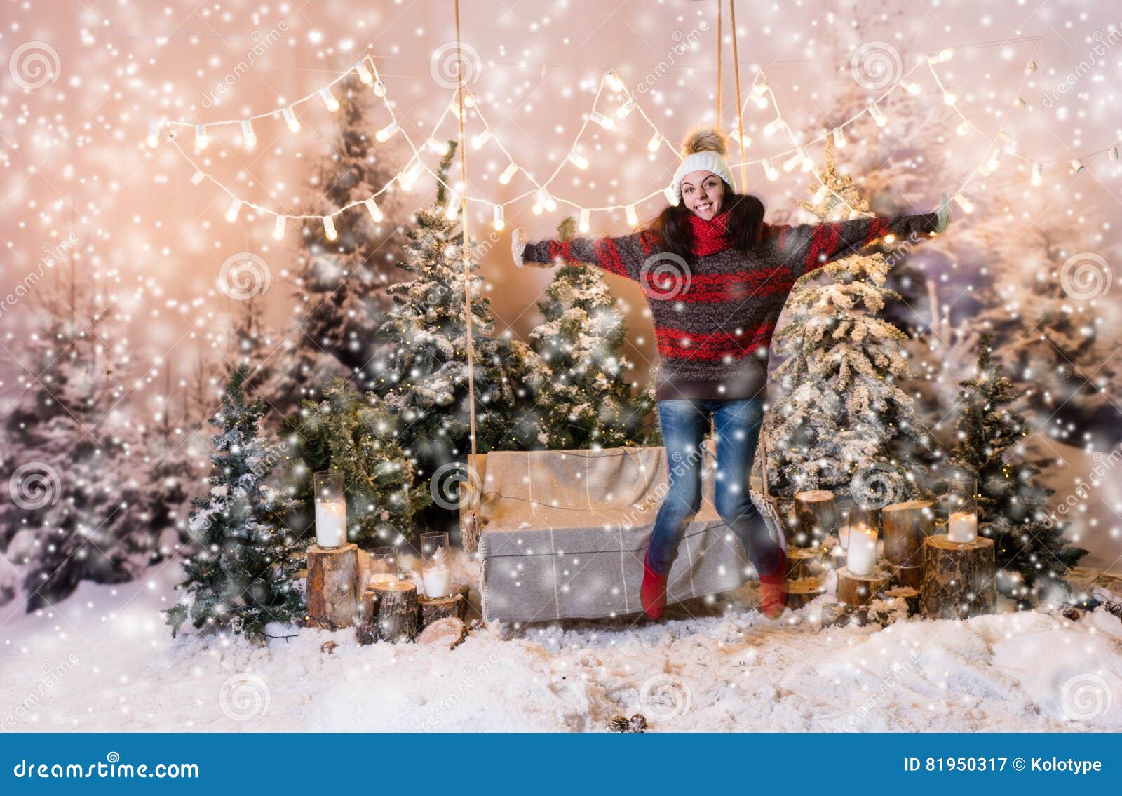 Young Funny Woman Jumping Near a Swing with a Blanket Under the Stock ...