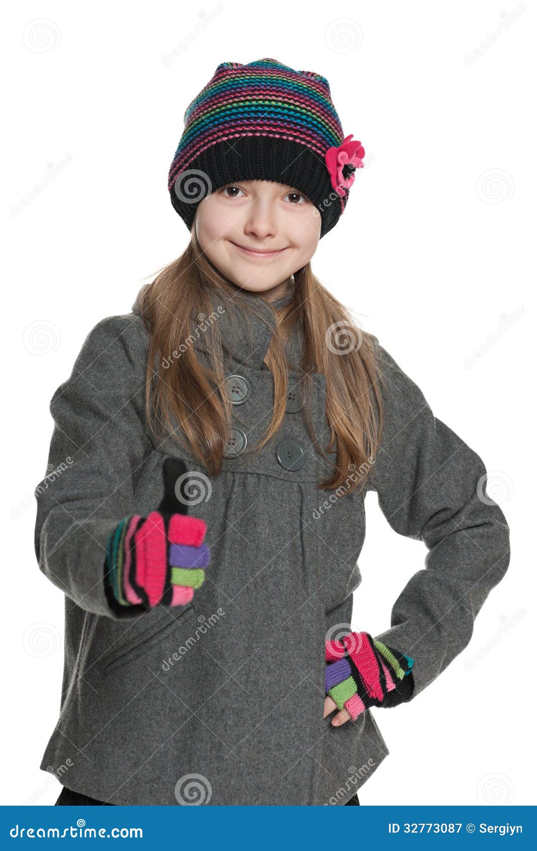 Young Girl in Autumn Clothing Holds Her Thumb Up Stock Image - Image of ...