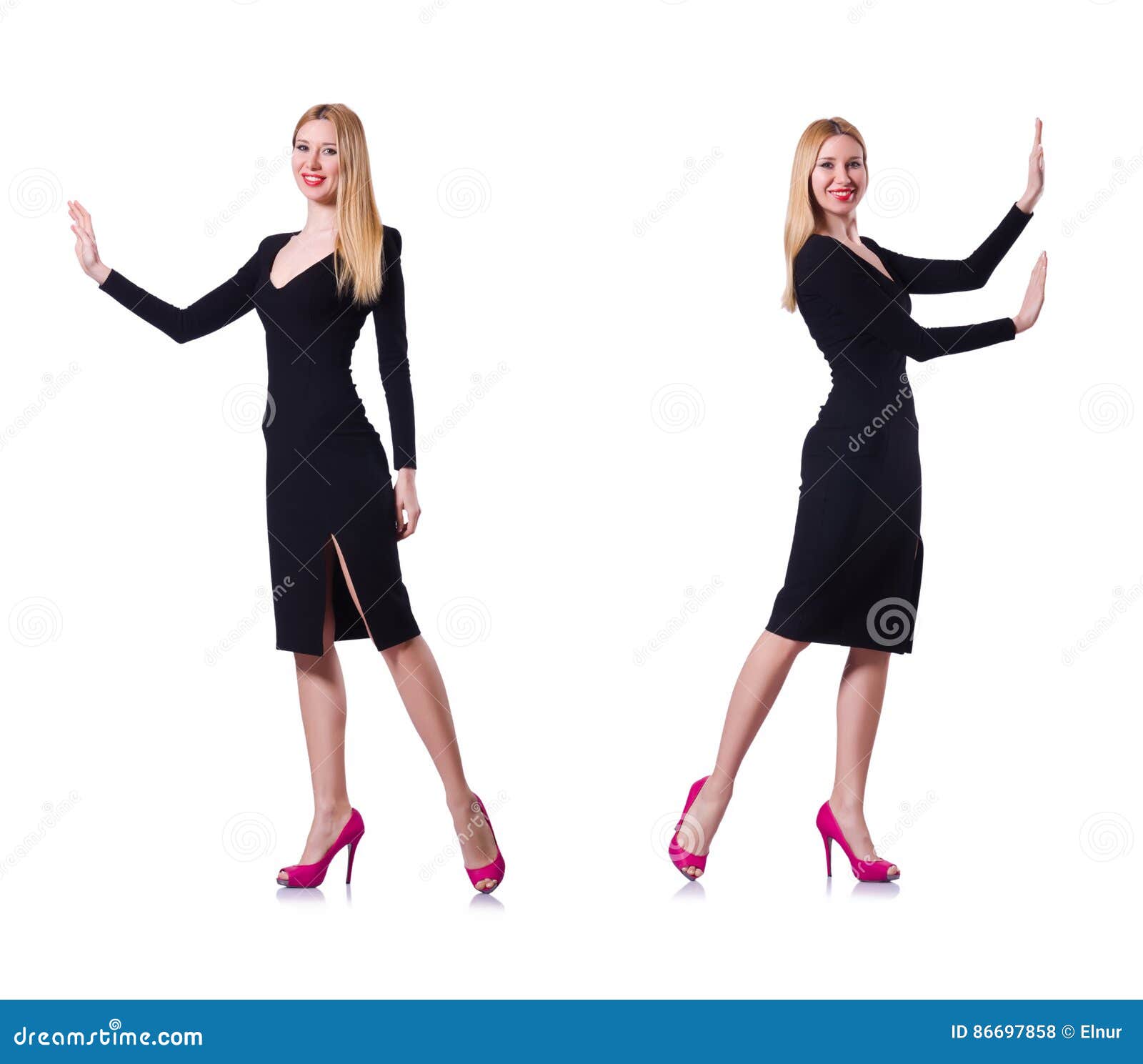 Young Girl in Black Dress Pushing Isolated on White Stock Photo - Image ...