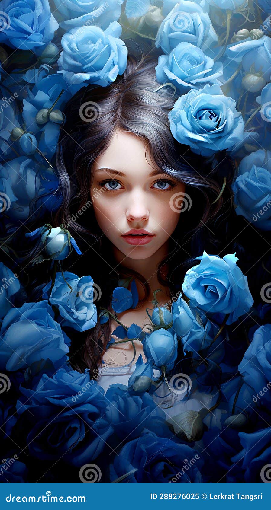 Young girl in blue roses stock illustration. Illustration of head