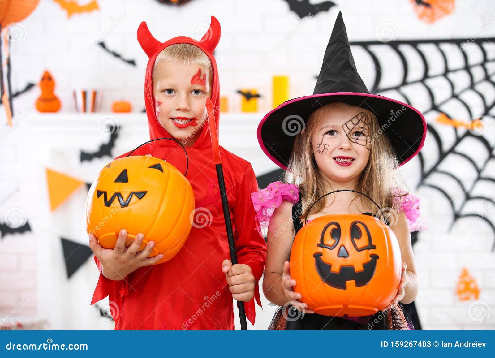 Girl and Boy in Halloween Costumes Stock Image - Image of dress ...