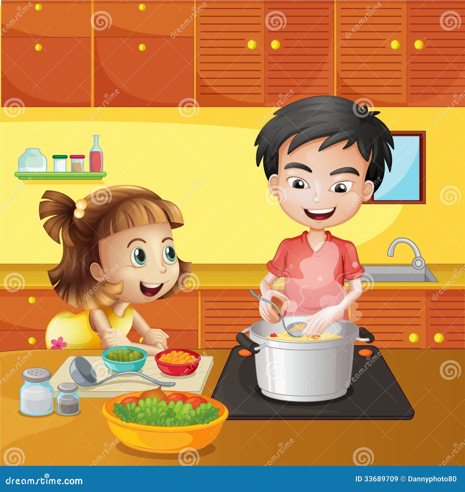 A Young Girl and Boy at the Kitchen Stock Vector - Illustration of ...