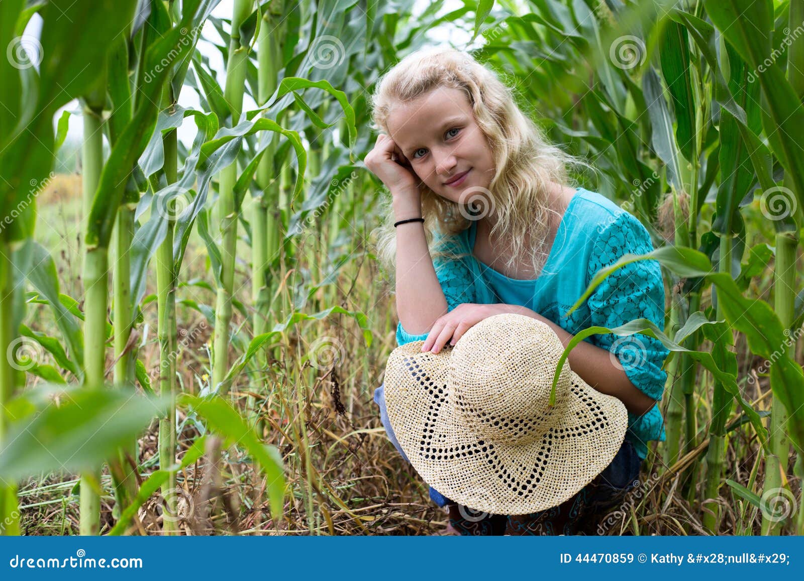 Young Girl Crouched Corn Field Stock Image Image of focus