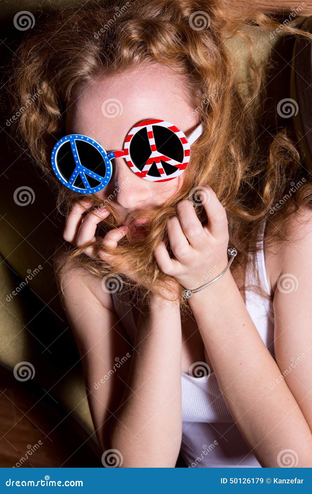 Young Girl with Curly Hair Wearing Sunglasses with the American Stock Image   Image of flag concept 50126179