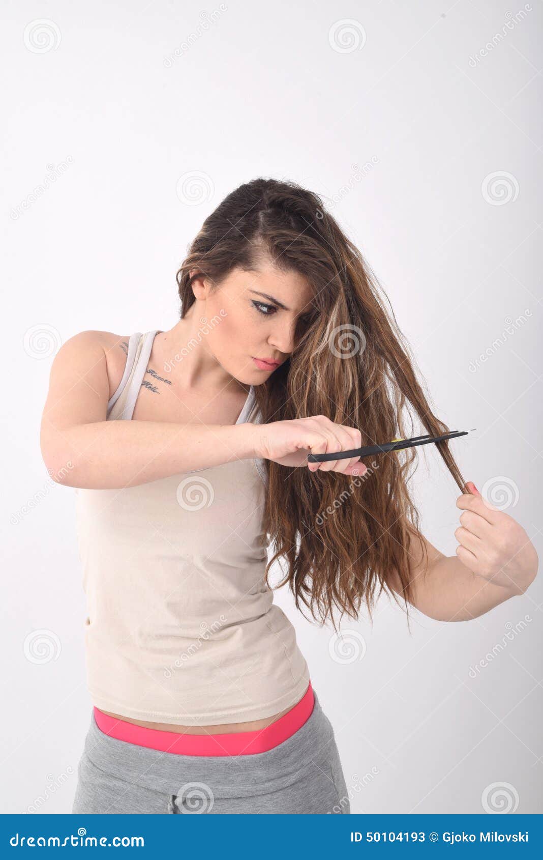 Young Girl Cutting Her Hair Stock Image Image Of Hair Tatoo