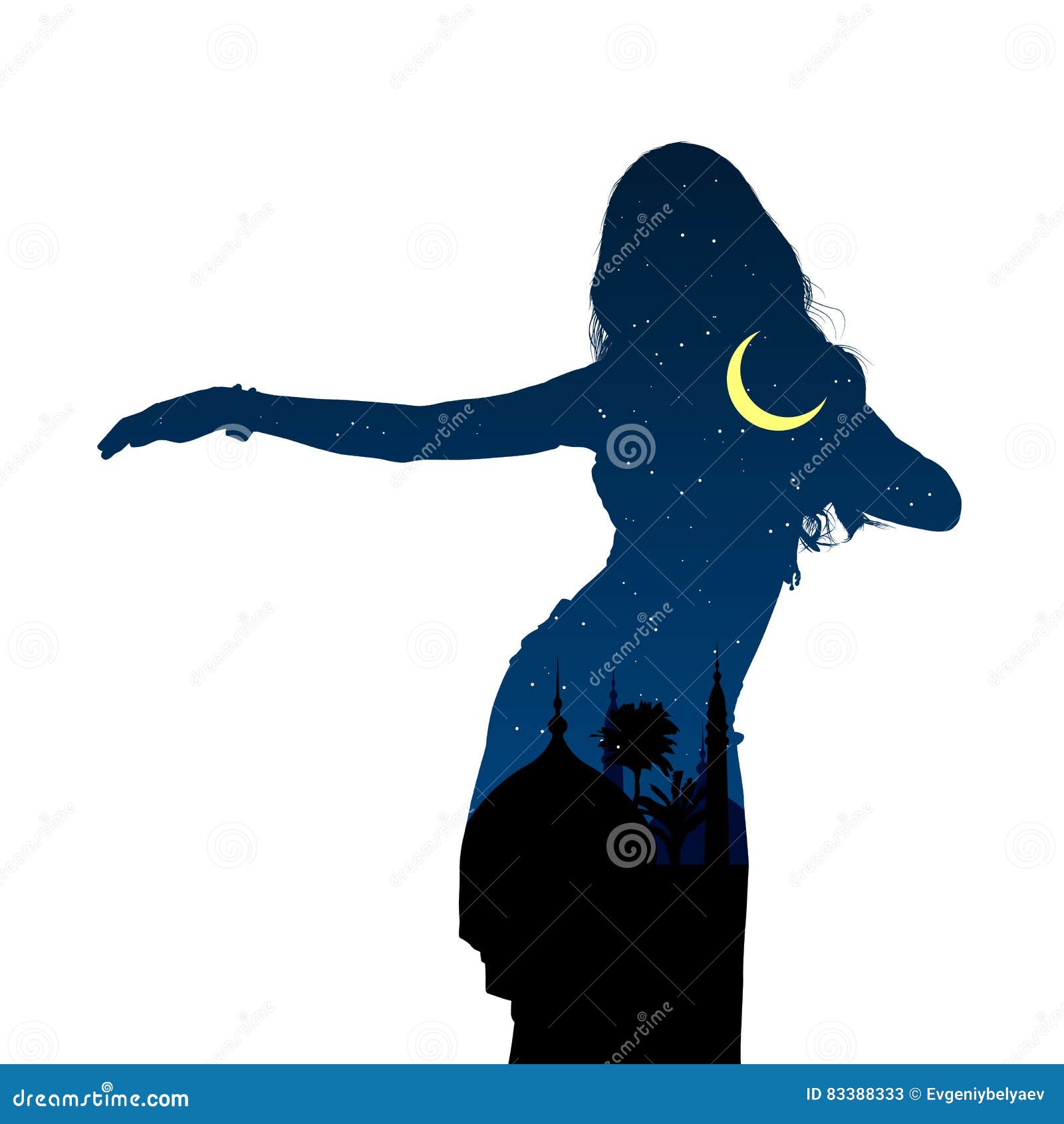 young girl dancing oriental belly dancing. silhouette of girl dancing arabic dance. night landscape.  