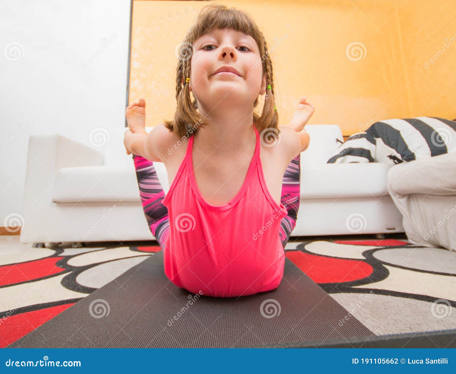 Young Girl is Doing Yoga Exercise at Rug at Home Stock Photo Image of