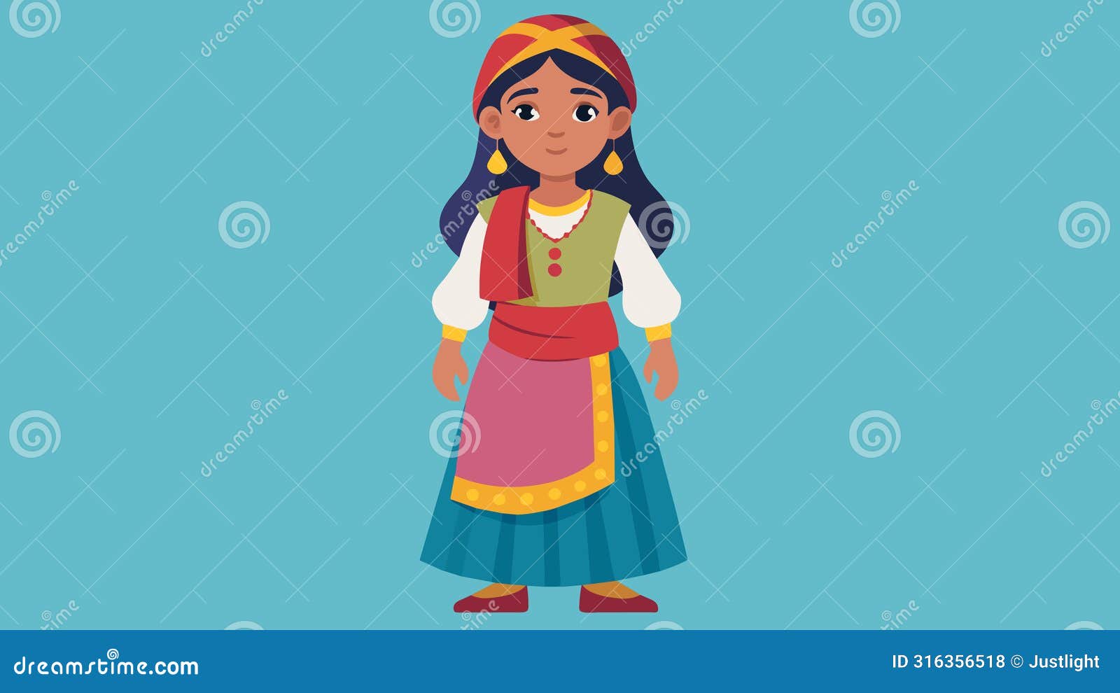a young girl dressed as a with a colorful skirt headscarf and bangles showcasing the fascination with romani culture in
