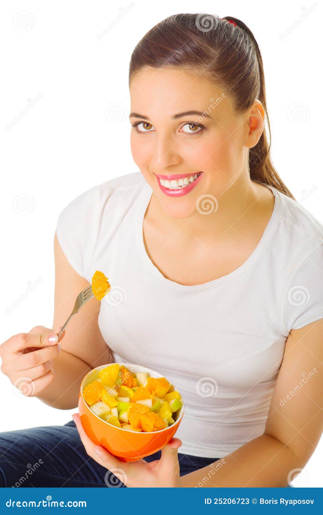 Young girl eat fruit salad stock image. Image of cute 25206723