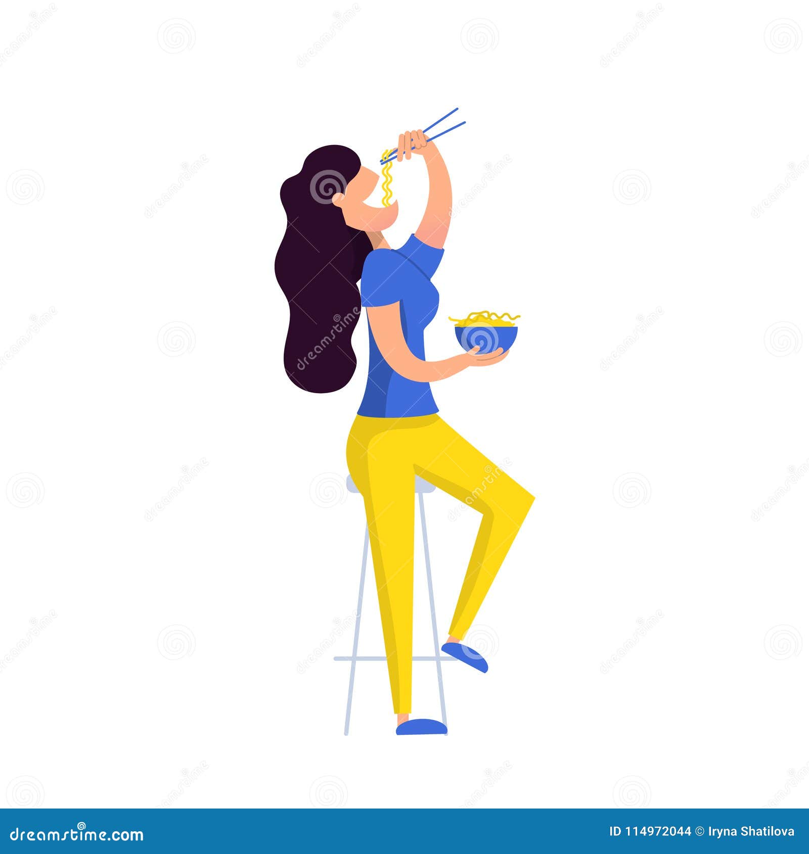 Young girl eating noodles stock vector. Illustration of brunch - 114972044