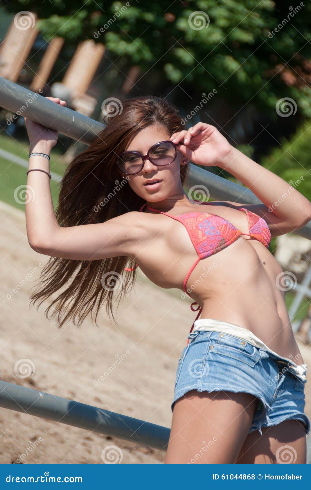 bikini top and short shorts