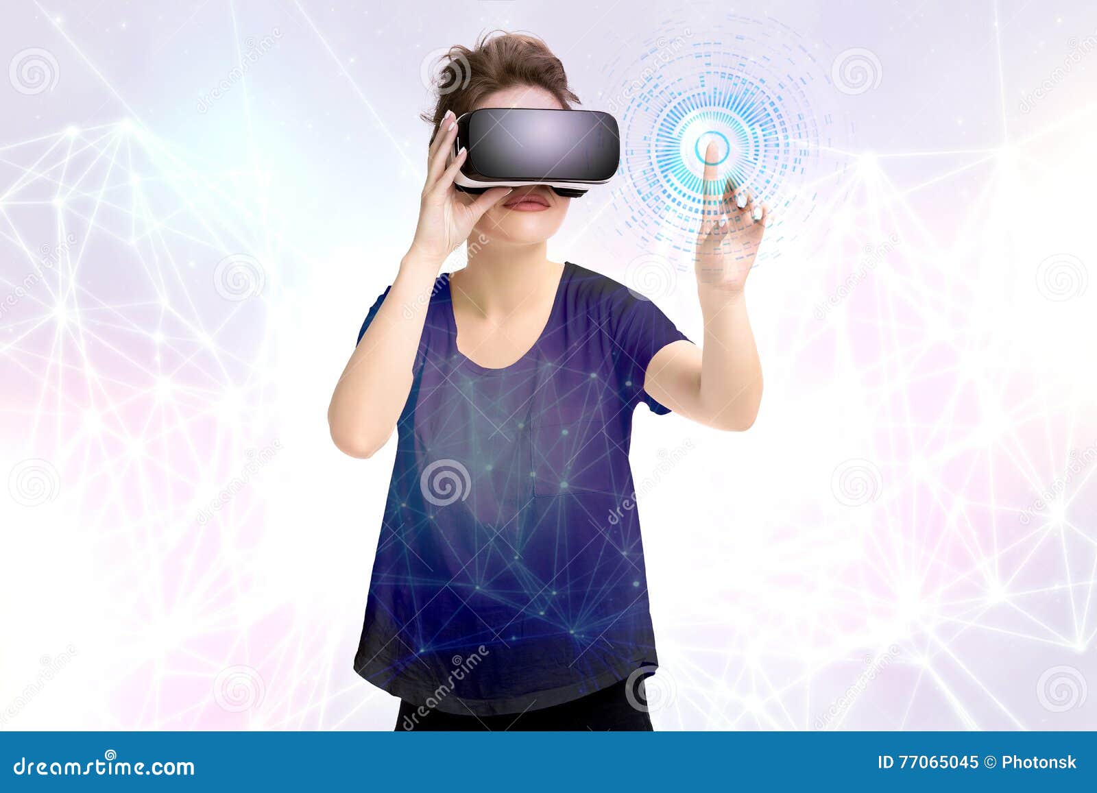 Young Girl Getting Experience Using VR Headset Glasses, is Augmented