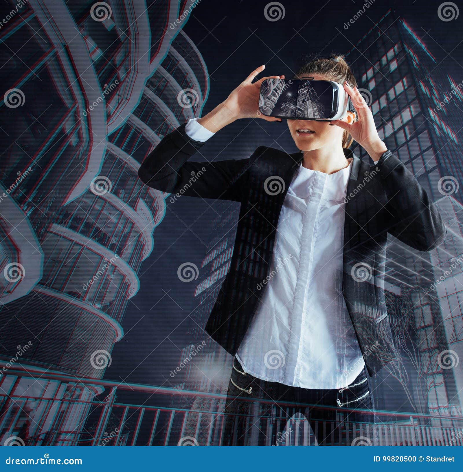 Young Girl Getting Experience VR Headset, is Using Augmented Reality