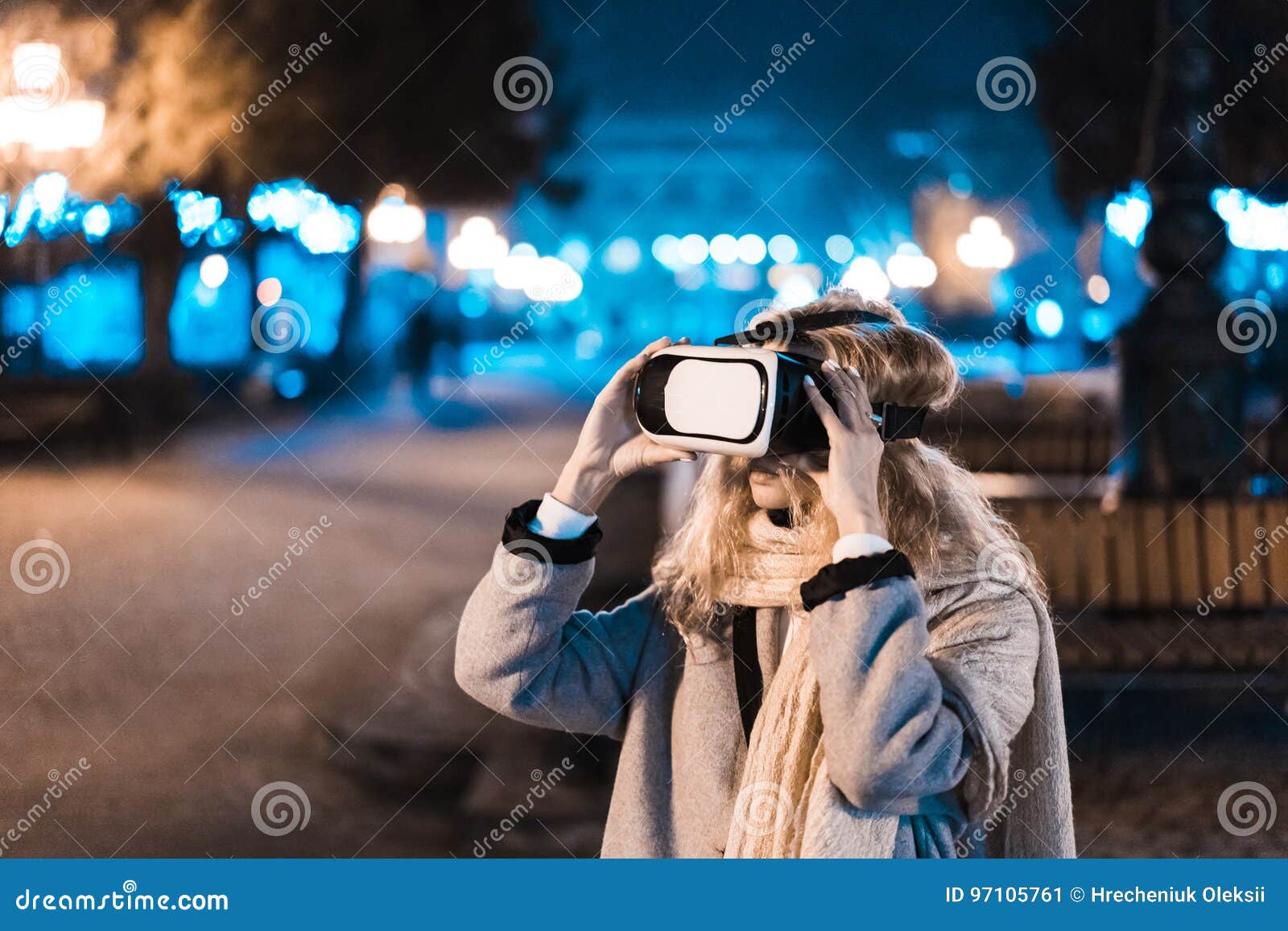 Happy Young Woman Using A VR Headset And Driving Stock 