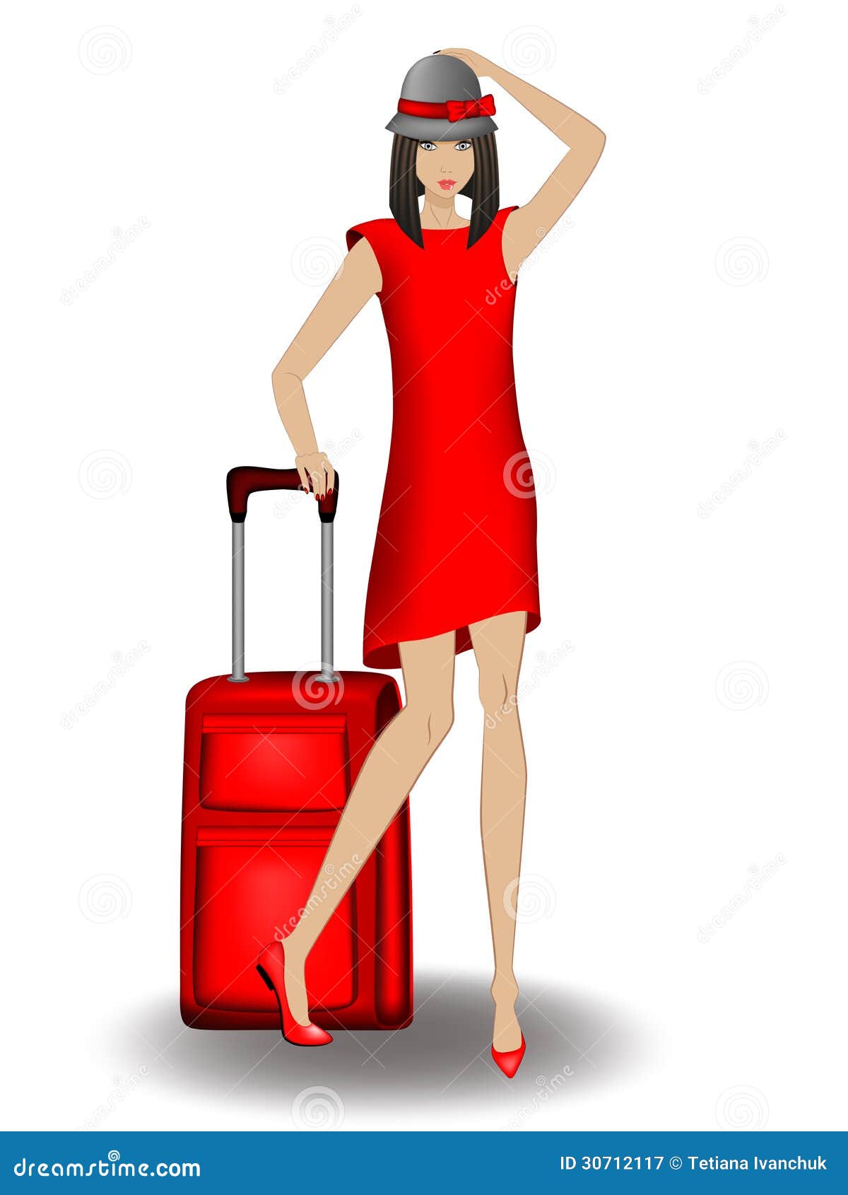 Young girl goes on a journey. Young girl in red dress,she is holding her black hat with red bow,and Her red bag for travel. Some elements made by Gradient Mesh