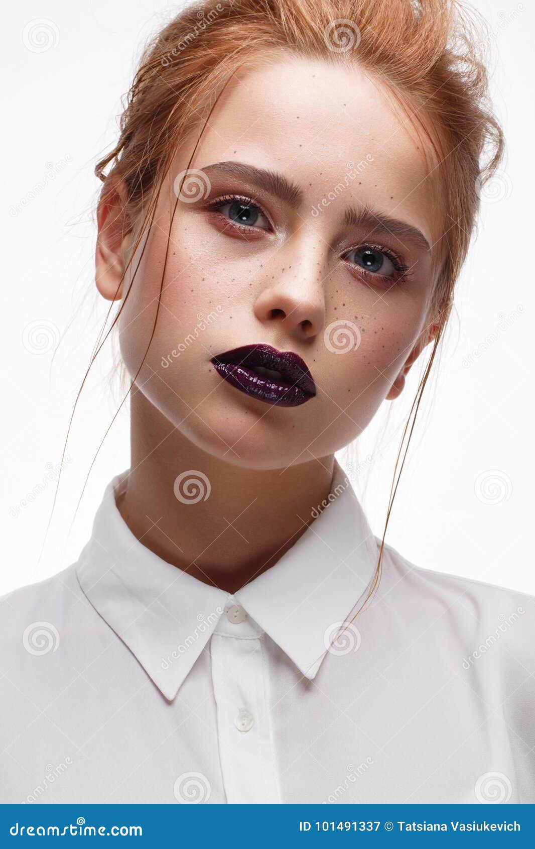 Young Girl with a Haircut in a White Shirt. Beautiful Model with Nude  Make-up and Bright Lips Stock Image - Image of makeup, brown: 101491337